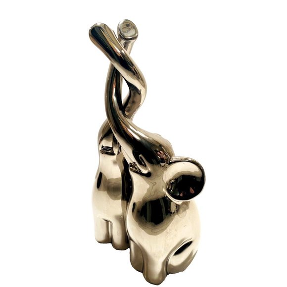 Silver Elephant Figures with Intertwined Trunks, Ceramic Set of 2, Chrome Decor - Picture 7 of 16